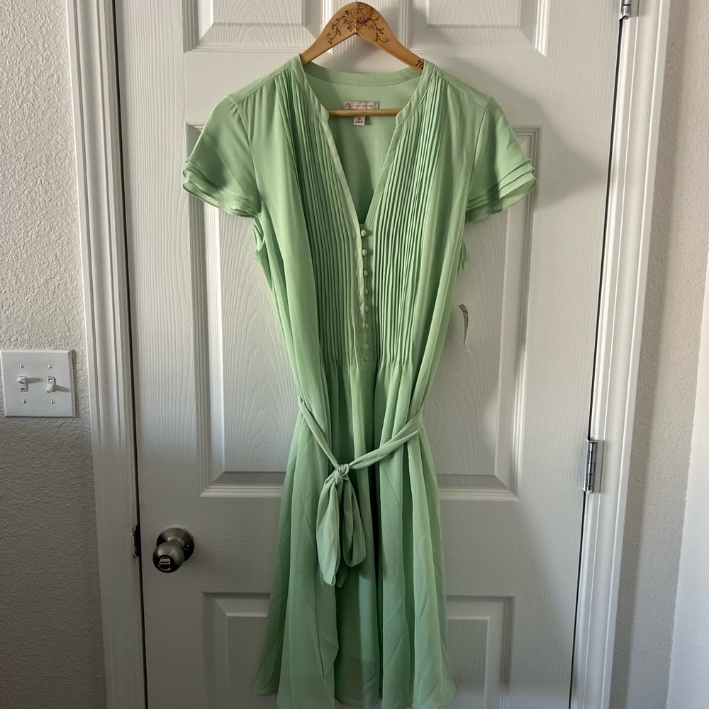 Dressbarn Mint Green Pleated Tie Waist Dress Flutter Sleeve Size 14 NWT